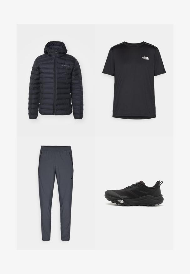 Svart boblejakke med glidelås foran og hette. Kviltet design, glatt tekstur og Columbia-logo på venstre brystområde.; Svart kortermet T-skjorte laget av lett materiale. Har en liten hvit logo på venstre bryst og subtile skulderdetaljer.; Grå treningbukser med elastisk midjebånd, glidelås-lommer på sidene og logo-detalj på venstre lår. Laget av lett stoff.; Svart terrengløpesko med teksturert overdel, gummisåle og forsterket tåhette. Har polstret krage og løftestropp for enkel påkledning.