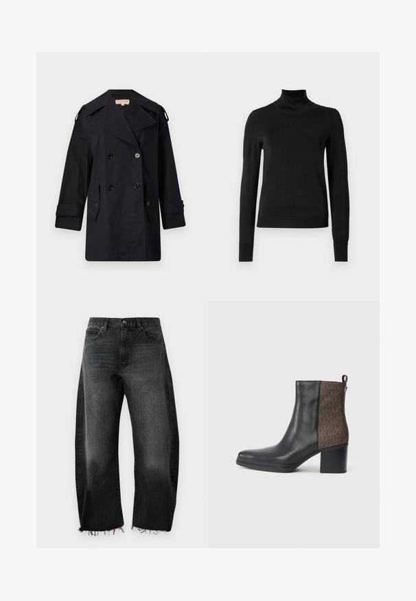 Melnā divrindas trencote ar platu apkakli, pogām un sānu kabatām. Izgatavots no gludas auduma ar taisnu piegriezumu un aproču piedurknēm.; Melnas garām piedurknēm turtlenecks džemperis ar ribotām aprocēm un apakšmali, attēlots uz vienkārša balta fona.; Melni denimi džinsi ar plašu kāju dizainu, izsistām malām, piecām kabatām un vieglu izgaismojumu; izgatavoti no izturīgas kokvilnas materiāla.; Melna ādas potīšu zābaku ar teksturētu brūnu rakstu sānos, ar kvadrātveida papēdi un cilpu, kas atvieglo uzvilkšanu.