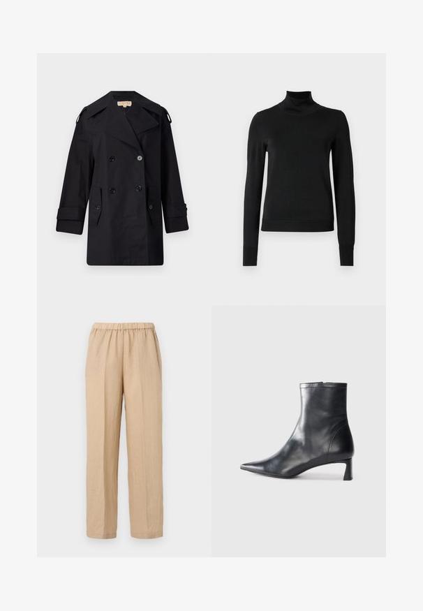 Zwarte dubbelzijdige trenchcoat met een brede kraag, knopen en zijzakken. Gemaakt van een gladde stof met een rechte snit en opgerolde mouwen.; Zwarte trui met lange mouwen en col, voorzien van geribde manchetten en zoom, weergegeven op een effen witte achtergrond.; ASPESI PANTALONE - Broek - sabbia/sand; Zwarte leren enkellaars met een spitse neus en een slank ontwerp. Heeft een lage hak en een ritssluiting aan de achterkant. Gladde textuur.