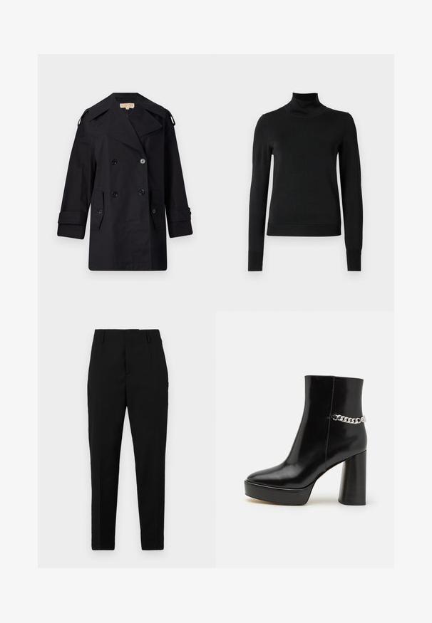 Schwarzer doppelter Trenchcoat mit breitem Kragen, Knöpfen und Seitentaschen. Hergestellt aus einem glatten Stoff mit geradem Schnitt und umgeschlagenen Ärmeln.; Schwarzer Langarmrollkragenpullover mit gerippten Bündchen und Saum, auf einem schlichten weißen Hintergrund präsentiert.; Schwarze Hosen mit maßgeschneidertem Schnitt, die seitliche Taschen, eine glatte Textur und ein elegantes Design aufweisen, das sich zum Knöchel hin verjüngt.; Schwarze Lackleder-Ankle-Boots mit plattenförmigem Absatz und hohem Blockabsatz. Verfügt über einen silbernen Kettenakzent an der Seite. Glatte Textur.