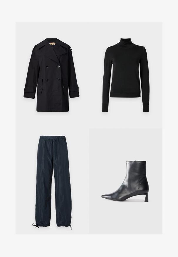 Czarny podwójnie zapinany płaszcz przeciwdeszczowy z szerokim kołnierzem, guzikami i bocznymi kieszeniami. Wykonany z gładkiego materiału, o prostym kroju i mankietach.; Czarny sweter z długim rękawem i stojącym kołnierzem, z prążkowanymi mankietami i dołem, zaprezentowany na białym tle.; Granatowe spodnie z wiatroszczelnego materiału z elastycznym pasem, regulowanymi mankietami oraz gładkim, lekkim wykończeniem. Pełnej długości, bez kieszeni.; Czarne skórzane botki sięgające kostki z ostrym noskiem i eleganckim designem. Posiadają niski obcas oraz zamek błyskawiczny z tyłu. Gładka faktura.