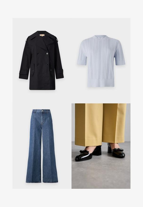 Schwarzer doppelter Trenchcoat mit breitem Kragen, Knöpfen und Seitentaschen. Hergestellt aus einem glatten Stoff mit geradem Schnitt und umgeschlagenen Ärmeln.; Helles blaues kurzärmliges Strickoberteil mit vertikaler Rippstruktur und Rundhalsausschnitt. Der Stoff zeigt dezente Details mit einem taillierten Saum.; Weite blaue Jeans mit hoher Taille, im klassischen Five-Pocket-Stil und mit Knopfverschluss, aus strukturierter Baumwollstoff gefertigt.; Stuart Weitzman FELICITY BOW BLOCK - Pumps - black