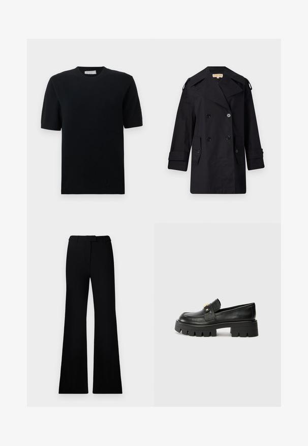 Black double-breasted trench coat with a wide collar, buttons, and side pockets. Made from a smooth fabric with a straight cut and cuffed sleeves.; Black short-sleeve sweater featuring a ribbed crew neckline and hem, crafted from a smooth knit fabric with a classic, fitted shape.; Black flared pants featuring a smooth texture, tailored waistband, and front pockets, designed with a sleek, modern silhouette.; Black leather loafers with a chunky sole, featuring a gold-tone accent on the front and a smooth finish. Chunky tread design on the sole.