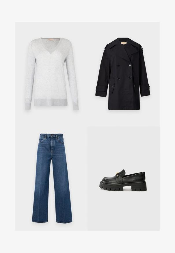 Zwarte dubbelzijdige trenchcoat met een brede kraag, knopen en zijzakken. Gemaakt van een gladde stof met een rechte snit en opgerolde mouwen.; Lichtgrijze lange mouw sweater met een V-hals, zachte textuur en geribbelde manchetten en zoom. Subtiel gemêleerd patroon door de stof.; Wijd-uitlopende blauwe jeans van denim met een hoge taille, voorzakken en contrasterende stiksels. De stof heeft een zachte textuur.; Zwarte leren instappers met een chunky zool, met een goudkleurige accent aan de voorkant en een gladde afwerking. Chunky profielontwerp op de zool.