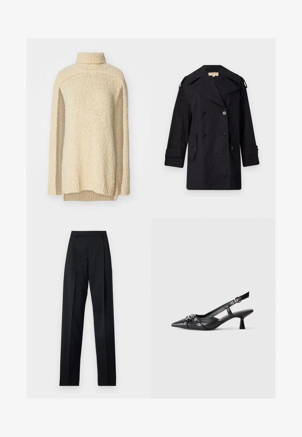 Must musta kahekordne trench coat laia kraega, nuppude ja küljetaskutega. Valmistatud siledast kangast, sirge lõike ja mansettidega varrukatega.; Beige, paksu kudumisega kampsun kõrge kaelusega, pikkade varrukatega ja külgmiste lõigetega. Tekstureeritud pind pehme ja hubase välimusega.; Mustad püksid siledast kangast, millel on kõrge vöökoht, laiad jalad, esimesed kortsud ja klassikalised vööloopid. Küljepockets pole nähtavad.; Must must have must toote tõmblukuga, dekoratiivsed rihmad metallist silmadega ja madal blokk-kand. Tekstureeritud pind.