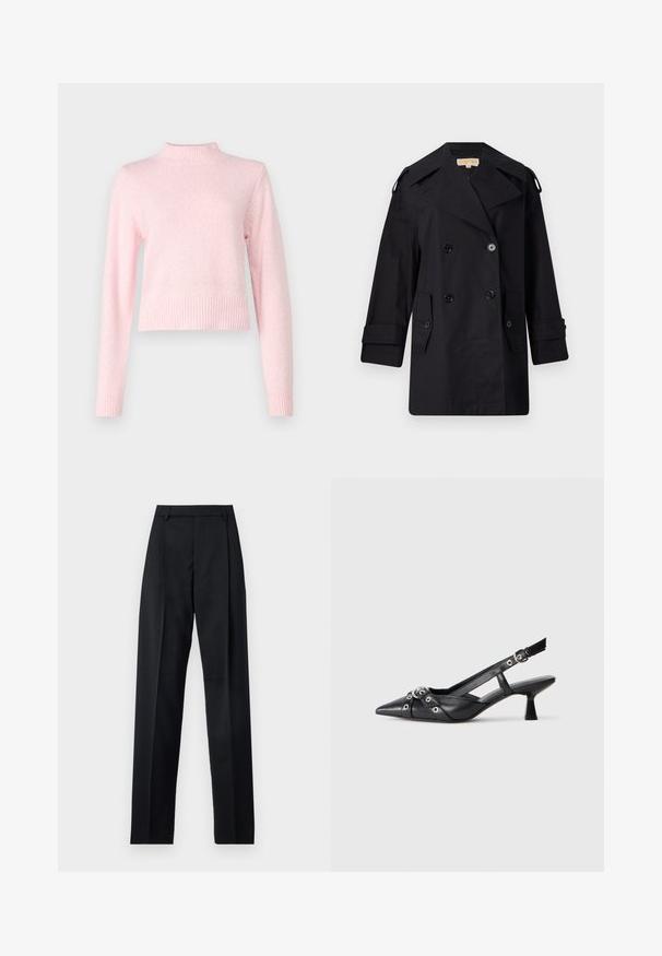 Melnā divrindas trencote ar platu apkakli, pogām un sānu kabatām. Izgatavots no gludas auduma ar taisnu piegriezumu un aproču piedurknēm.; Gaiši rozā džemperis ar augstu apkakli un garām piedurknēm. Izgatavots no mīksta auduma, ar ribotu apakšmalu un piedurknēm, lai nodrošinātu pieguļošu izskatu.; Melnas bikses, izgatavotas no gludas auduma, ar augstu vidukli, platiem bikšu galdniekiem, priekšējiem krokām un klasiskām jostu cilpām. Sānu kabatas nav redzamas.; Melnas ādas šlipsveida kurpes ar norādītu purngalu, dekoratīvām joslām ar metāla acīm un zemu bloku papēdi. Teksturēta virsma.