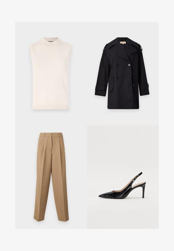 Juodas dvigubas paltas su plačiu apykakle, mygtukais ir šoninėmis kišenėmis. Pagamintas iš lygaus audinio su tiesia kirpimo linija ir rankovėmis su atvartais.; Bežinės spalvos be rankovių megztinis su aukšta apykakle ir banguotu apvadu. Minkštas tekstūros ir prigludęs dizainas, tinkamas sluoksniavimui arba dėvėjimui atskirai.; Bežinės pritaikytos kelnės su aukštu liemeniu, raukšlėtu priekiu ir plačiomis kojomis. Audinys atrodo lygus, su nedideliu blizgesiu.; Juodas lakinės odos slingback batelis su smailiu nosiu, plonu kulnu ir subtiliu išpjovos dizainu. Yra auksinė sagtis ant dirželio.