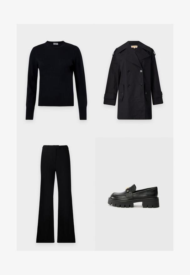 Black double-breasted trench coat with a wide collar, buttons, and side pockets. Made from a smooth fabric with a straight cut and cuffed sleeves.; Black knit sweater with a crew neck and long sleeves. Features a smooth texture and ribbed cuffs, offering a classic fit and design.; Black flared pants featuring a smooth texture, tailored waistband, and front pockets, designed with a sleek, modern silhouette.; Black leather loafers with a chunky sole, featuring a gold-tone accent on the front and a smooth finish. Chunky tread design on the sole.