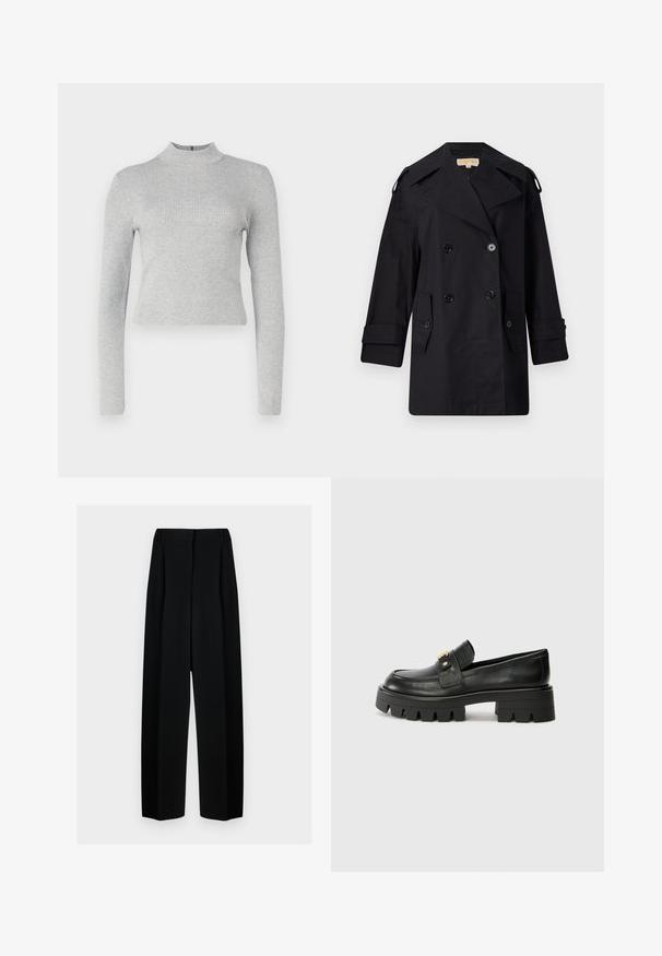 Schwarzer doppelter Trenchcoat mit breitem Kragen, Knöpfen und Seitentaschen. Hergestellt aus einem glatten Stoff mit geradem Schnitt und umgeschlagenen Ärmeln.; Helles graues, geripptes langärmliges Turtleneck-Oberteil mit körperbetonter Silhouette und kleinem Reißverschluss am Rücken. Glatte Textur überall.; Schwarze weit geschnittene Hosen mit hoher Taille, die Falten und eine glatte Textur aufweisen. Der Stoff wirkt leicht und fällt elegant.; Schwarze Lederloafers mit einer klobigen Sohle, die an der Vorderseite ein goldfarbenes Akzent und eine glatte Oberfläche aufweisen. Klobiges Profil-Design auf der Sohle.