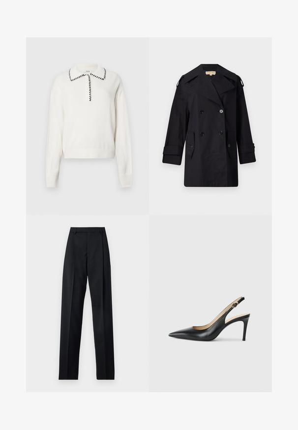 Schwarzer doppelter Trenchcoat mit breitem Kragen, Knöpfen und Seitentaschen. Hergestellt aus einem glatten Stoff mit geradem Schnitt und umgeschlagenen Ärmeln.; Weißer Strickpullover mit einem kragen in schwarz, ausgestattet mit einer Knopfleiste sowie gerippten Bündchen und Saum für einen taillierten Look.; Schwarze Hosen aus glattem Stoff mit hoher Taille, weitem Bein, vorderen Falten und klassischen Gürtelschlaufen. Keine sichtbaren Seitentaschen.; Schwarze Leder-Slingback-High-Heels mit spitzem Zehenbereich, verstellbarem Riemen und schlankem Stiletto-Absatz, ausgestattet mit einer glatten Oberfläche.