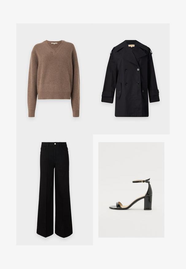 Black double-breasted trench coat with a wide collar, buttons, and side pockets. Made from a smooth fabric with a straight cut and cuffed sleeves.; Brown knitted sweater with a V-neck, long sleeves, and ribbed texture. Features a subtle geometric pattern along the cuffs and hem.; Black wide-leg jeans made of sturdy fabric, featuring a high waist, front pockets, and a front button closure. Flat hem at the bottom.; Black patent leather sandal with a wide heel, open toe, and ankle strap featuring a gold buckle. Smooth texture and sleek design.