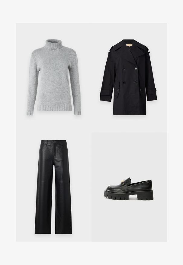 Černý dvojřadý trenčkot s širokým límcem, knoflíky a bočními kapsami. Vyroben z hladkého materiálu se rovnými liniemi a manžetovými rukávy.; Světlý šedý rolák vyrobený z měkkého pleteného materiálu, s dlouhými rukávy a žebrovanou texturou na límci a lemu.; Široké černé kožené kalhoty s hladkou texturou, s předními kapsami, zapínáním na knoflík a jemnými švy.; Černé kožené mokasíny s robustní podešví, které mají zlatý akcent na přední části a hladký povrch. Robustní vzor protiskluzu na podešvi.