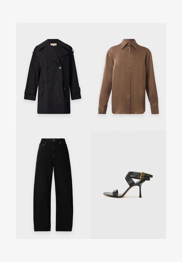 Crni dvostruko duguljasti kaput s širokim ovratom, kopčama i bočnim džepovima. Izrađen je od glatkog materijala s ravnim krojem i rukavima s manžetama.; Smeđa košulja s dugim rukavima, s gumbima i šiljastim ovratnikom i manžetama, prikazana na jednostavnoj bijeloj pozadini.; Crne traperice širokog kroja s visokim strukom, s prednjim kopčanjem na dugme, džepovima i glatkom, mat površinom.; Crne sandale s petom sa preklapanim trakama i podesivim kopčanjem. Imaju glatku teksturu i suženi stiletto potplat.