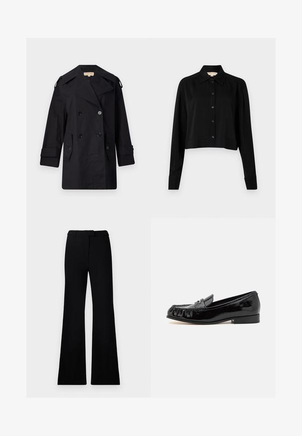 Čierny dvojradový trenčkot s širokým golierom, gombíkmi a bočnými vreckami. Vyrobený z hladkej látky s rovným strihom a manžetami.; Čierna skrátená košeľa s dlhými rukávmi, špicatým golierom a zapínaním na gombíky. Vyrobená z hladkej látky s voľným strihom a manžetovými rukávmi.; Čierne rozšírené nohavice s hladkou textúrou, prispôsobeným pásom a prednými vreckami, navrhnuté s elegantnou, modernou siluetou.; Čierne lakované kožené mokasíny s okrúhlou špičkou, fringingom a nízkym blokovým podpätkom. Povrch má lesklý povrch.