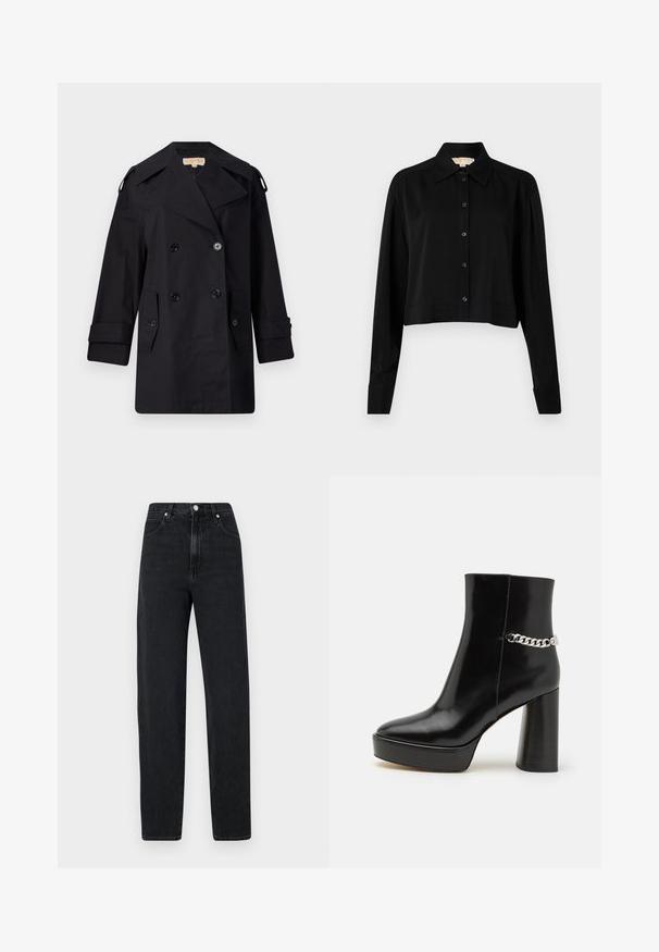 Sort dobbeltradet trenchcoat med bred krave, knapper og sidetaske. Lavet af et glat stof med lige snit og manchetter.; Sort cropped skjorte med lange ærmer, spidse krave og knaplukning foran. Fremstillet af glat stof med en afslappet pasform og manchetærmer.; Sorte, slim-fit jeans lavet af denim. Har en høj talje, metalknaplukning, fem lommer og subtile stikninger.; Sorte lakerede ankelstøvler med en kraftig platform og høj blokhæl. Har en sølv kædeaccent på siden. Glat tekstur.