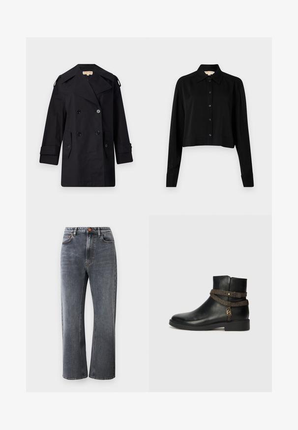 Fekete dupla gombos trench kabát széles gallérral, gombokkal és oldalsó zsebekkel. Simább anyagból készült, egyenes szabású és felhajtott ujjú.; Fekete, rövid fazonú ing hosszú ujjakkal, hegyes gallérral és gombos elejével. Simító anyagból készült, laza szabású és megkötött ujjaival.; Sötétszürke farmernadrág magas dérre szabva, egyenes lábbal, öt zsebbel és kontrasztos narancsszínű varrással.; Fekete bőr bokacsizma lapos talppal, barna mintás pánttal és aranyszínű fém részletekkel. Simább felület.