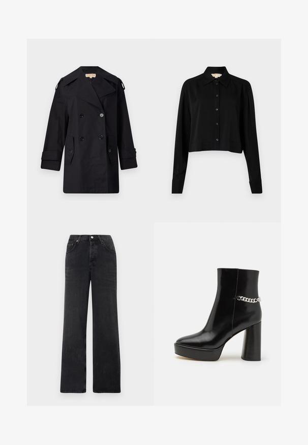 Crni dvostruko duguljasti kaput s širokim ovratom, kopčama i bočnim džepovima. Izrađen je od glatkog materijala s ravnim krojem i rukavima s manžetama.; Crna skraćena košulja s dugim rukavima, uspravnim kragnom i dugmadi sprijeda. Izrađena od glatkog materijala s opuštenim krojem i manžetama.; Crne široke traperice izrađene od denima. Imaju visoki struk, dva prednja džepa i kopčanje na dugme s bakrenim detaljima.; Crne lakirane kožne gležnjače s debelim platformom i visokim blok štiklom. Imaju srebrni lanac kao detalj sa strane. Glatka tekstura.