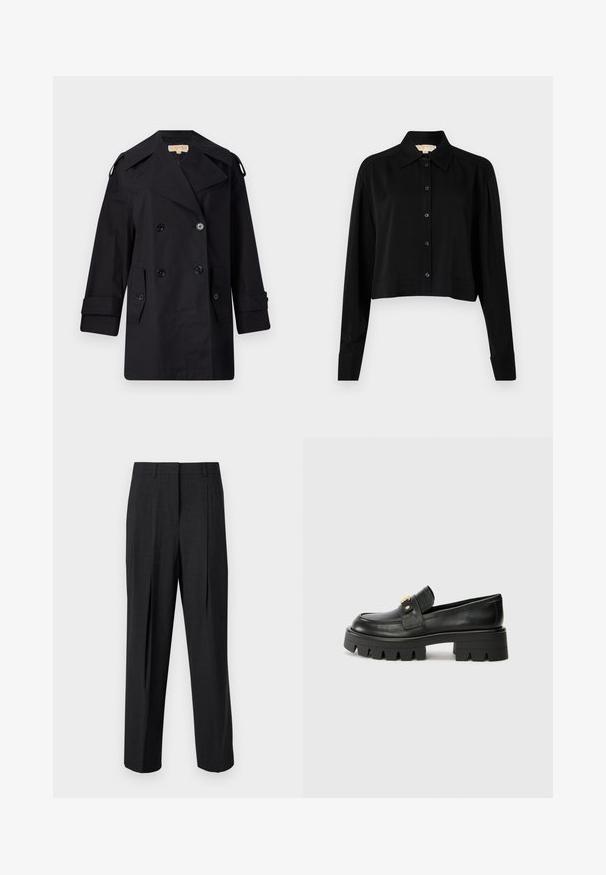 Juodas dvigubas paltas su plačiu apykakle, mygtukais ir šoninėmis kišenėmis. Pagamintas iš lygaus audinio su tiesia kirpimo linija ir rankovėmis su atvartais.; Juodas trumpas marškinėliai su ilgomis rankovėmis, smailiu apykakle ir mygtukų priekyje. Pagamintas iš lygaus audinio su laisvu siluetu ir apverčiamos rankovėmis.; Tamsiai pilkos pritaikytos kelnės su tiesiomis kojomis, su dviem priekiniais raukiniais, diržo kilpomis ir lygiu audinio tekstūros paviršiumi.; Juodi odiniai loafers batai su masyviu padu, papuošti auksiniu akcentu priekyje ir lygiu paviršiumi. Masyvi protektoriaus dizaino išvaizda padais.