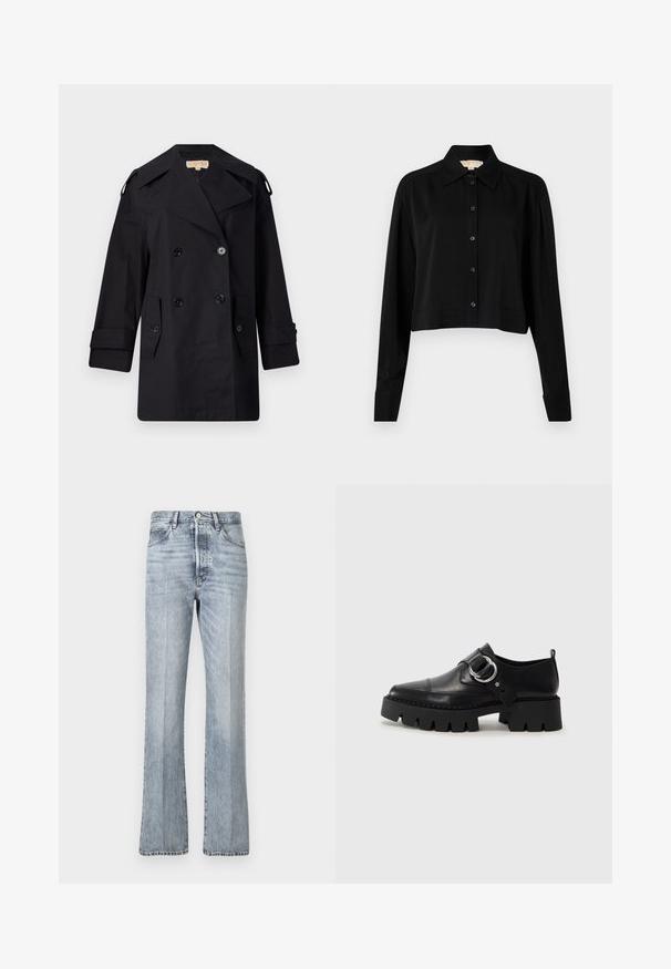 Melnā divrindas trencote ar platu apkakli, pogām un sānu kabatām. Izgatavots no gludas auduma ar taisnu piegriezumu un aproču piedurknēm.; Melnas īsās piedurknes krekls ar garām piedurknēm, smailu apkakli un pogu aizdari. Izgatavots no gludas auduma ar brīvu piegriezumu un piedurkņu apakšām.; Gaišzilas denim bikses ar izplestu kāju dizainu, augstu jostasvietu, priekšējām kabatām un vieglu izbalējumu. Standarta pogu un rāvējslēdzēja aizdare.; Melni ādas apavi ar masīvu, rievojumu zoli, ar apaļu sudraba aksesuāru un minimālām šuvēm.