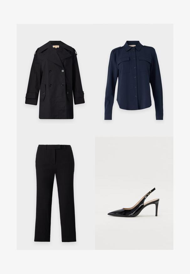 Crni dvostruko duguljasti kaput s širokim ovratom, kopčama i bočnim džepovima. Izrađen je od glatkog materijala s ravnim krojem i rukavima s manžetama.; Mornaricno plava košulja dugih rukava izrađena od mekanog materijala. Ima dva džepa na prsima, epoletu na ramenima i dugmadi na manžetama.; Crne ravne hlače s ravnim prednjim dijelom, pojasom i petljama za remen. Glatka tekstura tkanine, minimalni detalji šivanja i bez vidljivih džepova.; Crne lakirane slingback cipele s oštrim vrhom, uskim potpeticama i suptilnim izrezom. Sadrže zlatnu kopču na traku.