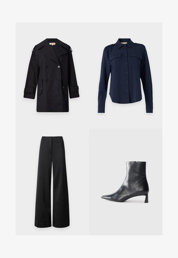 Melnā divrindas trencote ar platu apkakli, pogām un sānu kabatām. Izgatavots no gludas auduma ar taisnu piegriezumu un aproču piedurknēm.; Tumši zila pogu krekls, kas izgatavots no mīksta auduma. Iespējas: divas krūšu kabatas, plecu uzlikas un garas piedurknes ar pogājamiem aprocēm.; Platas kājas melnas bikses no austu audumu. Tām ir augsts jostasvieta, gluda priekšpuse un pielāgota forma. Gluda tekstūra, nav redzamu detaļu.; Melnas ādas potītes zābaki ar norādītu pirkstu un elegantu dizainu. Iezīmē zemu papēdi un rāvējslēdzēja aizdari aizmugurē. Gluda tekstūra.