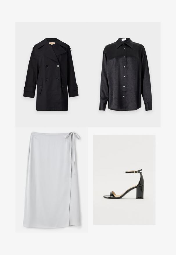 Mustat kaksiriviset trench-coatit laajalla kauluksella, napit ja sivutaskut. Valmistettu sileästä kankaasta, suoralinjainen malli ja käänteillä varustetut hihat.; Musta pitkähiha vaarallista paitaa, jossa on kauluspanta, ryppytynyt pinta, täysi napitus edessä ja hihansuut. Valmistettu sileästä kankaan.; Vaaleanharmaa kietaisuhame, jossa on sileä pinta, sivusiteellä suljettava ja hienovarainen halkio vasemmalla puolella. Yksinkertainen muotoilu ilman kuvioita tai koristeita.; Mustat patenttinahtiset sandaalit, joissa on leveä korko, avoin varvas ja nilkkahihna, jossa on kultainen solki. Suora pinta ja tyylikäs muotoilu.