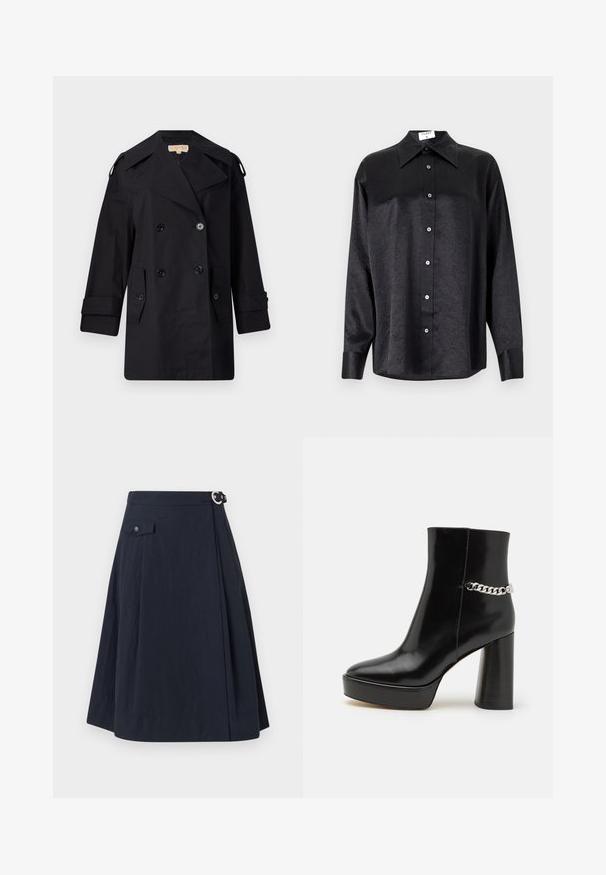 Fekete dupla gombos trench kabát széles gallérral, gombokkal és oldalsó zsebekkel. Simább anyagból készült, egyenes szabású és felhajtott ujjú.; Fekete, hosszú ujjú ing, galléros nyakkal, gyűrött textúrával, teljes gombos elejével és mandzsettákkal. Simaságú anyagból készült.; Tengerészkék A-vonalú szoknya oldalsó gombos záródással, elülső zsebével és sima, könnyű anyaggal, amelynek enyhe fényessége van.; Fekete lakk bőr bokacsizma vastag talppal és magas blokksarkúval. Az oldalon ezüst lánc részlet található. Simított felület.