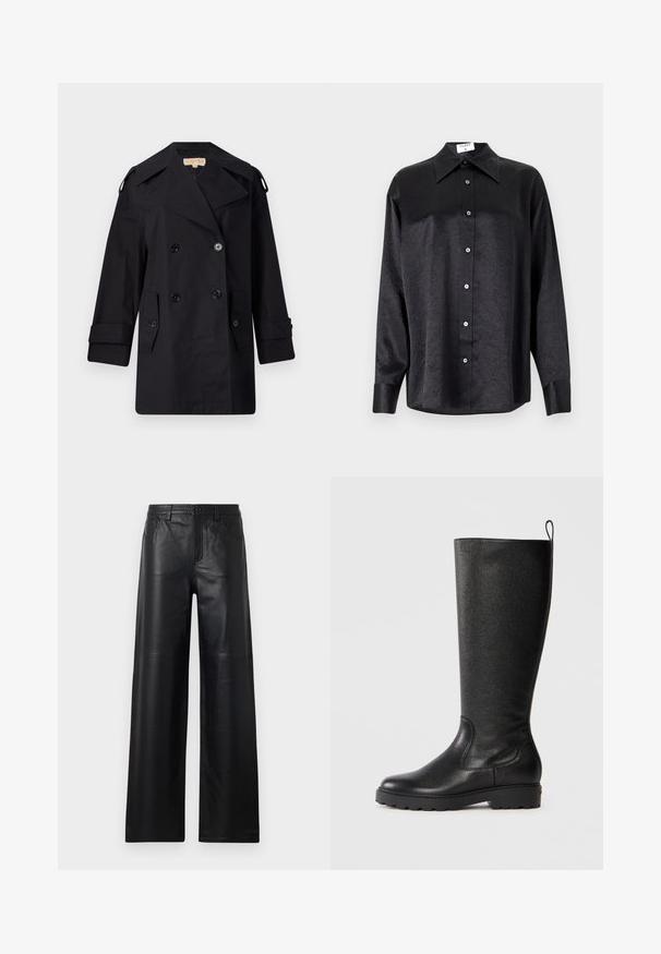 Schwarzer doppelter Trenchcoat mit breitem Kragen, Knöpfen und Seitentaschen. Hergestellt aus einem glatten Stoff mit geradem Schnitt und umgeschlagenen Ärmeln.; Schwarzes Langarmhemd mit kragenförmigem Halsausschnitt, mit einem zerknitterten Textur, voller Knopfleiste und Manschetten. Hergestellt aus einem glatten Stoff.; Weite schwarze Lederhosen mit glatter Textur, ausgestattet mit Fronttaschen, einem Knopfverschluss und dezenten Steppnähten.; Schwarze kniehohe Stiefel aus strukturiertem Leder, mit abgerundeter Spitze, robuster Gummi-Sohle mit Profil und einem Ziehschlaufe an der Oberseite.