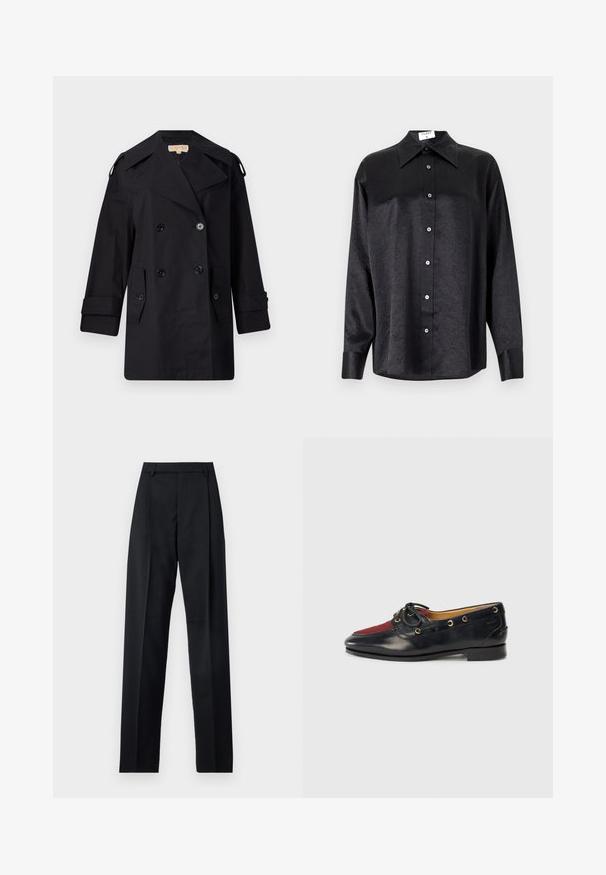 Zwarte dubbelzijdige trenchcoat met een brede kraag, knopen en zijzakken. Gemaakt van een gladde stof met een rechte snit en opgerolde mouwen.; Zwarte blouse met lange mouwen en een kraag, voorzien van een gekreukt oppervlak, volwaardige knopen aan de voorkant en manchetten. Gemaakt van een gladde stof.; Zwarte broek gemaakt van gladde stof met een hoge taille, wijde benen, voorplooien en klassieke ceintuurlussen. Geen zijzakken zichtbaar.; Zwarte leren bootshoe met een rode suède neus, gouden oogjes en een decoratieve strik. Soepele textuur met een lage blokhak.