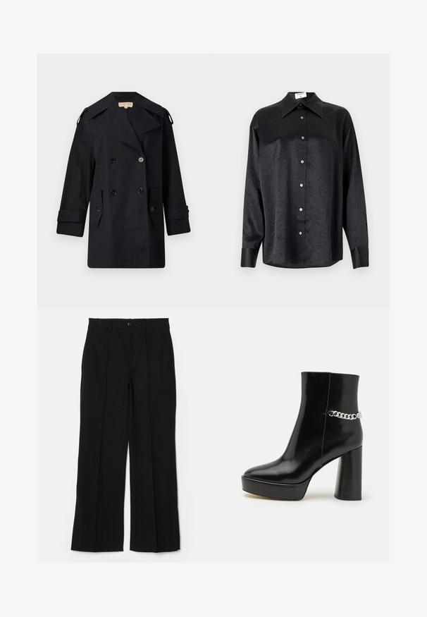 Manteau trench noir à double boutonnage avec un large col, des boutons et des poches latérales. Fabriqué en tissu lisse avec une coupe droite et des manches retroussées.; Chemise noire à manches longues avec un col, présentant une texture froissée, une fermeture à boutons sur le devant et des poignets. Fabriquée en tissu lisse.; Pantalon noir avec un devant plat, des jambes droites et des poches. Fabriqué en tissu doux, il dispose d'une fermeture à un bouton et de passants de ceinture.; Bottine noire en cuir verni avec une plateforme épaisse et un haut talon bloc. Caractérisée par un accent en chaîne argentée sur le côté. Texture lisse.