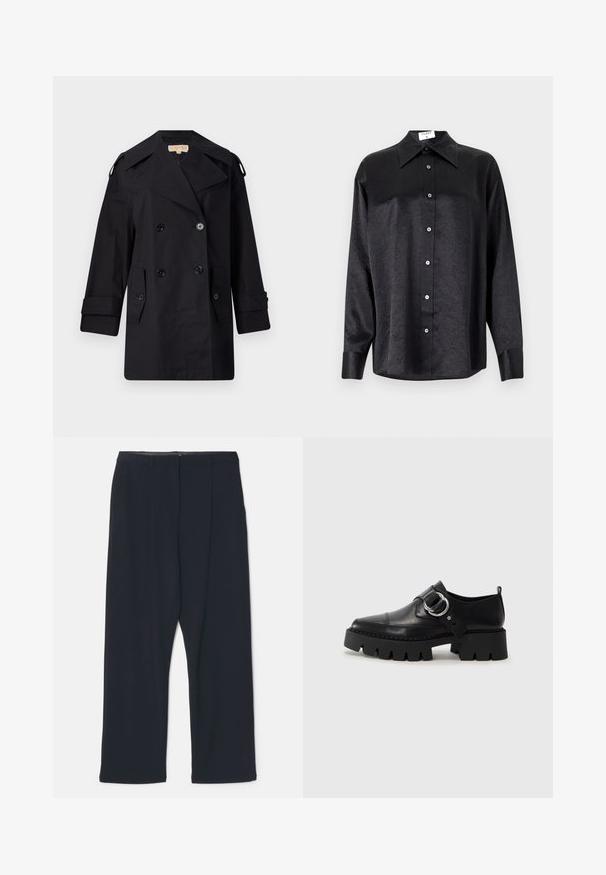 Black double-breasted trench coat with a wide collar, buttons, and side pockets. Made from a smooth fabric with a straight cut and cuffed sleeves.; Black long-sleeve shirt with a collared neckline, featuring a crinkled texture, full button front, and cuffs. Made from a smooth fabric.; Black pleated trousers with a straight cut. Made of smooth fabric, featuring a flat waistband and side pockets. Minimalist design, no patterns.; Black leather shoes with a chunky, ribbed sole, featuring a circular silver hardware accent and minimal stitching detail.