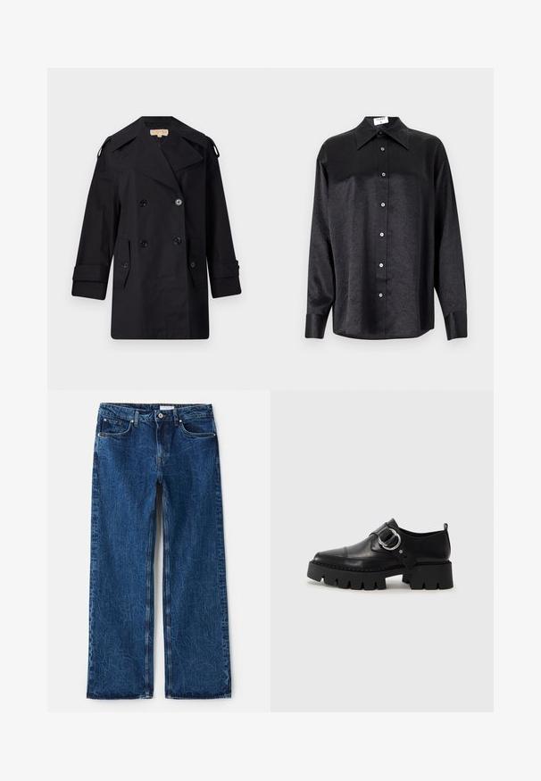 Juodas dvigubas paltas su plačiu apykakle, mygtukais ir šoninėmis kišenėmis. Pagamintas iš lygaus audinio su tiesia kirpimo linija ir rankovėmis su atvartais.; Juodas ilgarankovis marškinis su apykakle, turintis plėšyta tekstūra, visiško mygtukų uždarymo priekyje ir rankogaliais. Pagamintas iš lygaus audinio.; Platus kojų džinsai tamsiai mėlynos džinsinės medžiagos su tekstūruotu paviršiumi, turintys penkias kišenes, metalines fibulas ir mygtukų užsegimą.; Juodos odinės bateliai su masyviu, grioveliuotu padu, su apvaliu sidabro detalės akcentu ir minimaliais siuvimo elementais.