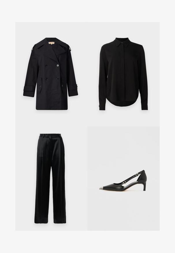 Black double-breasted trench coat with a wide collar, buttons, and side pockets. Made from a smooth fabric with a straight cut and cuffed sleeves.; Black long-sleeve blouse with pointed collar, concealed button placket, and curved hem against a plain white background.; Black high-waist satin trousers with straight wide legs, belt loops, and a flat front closure against a plain white background.; Black leather kitten heel with pointed silver toe cap and dual buckle straps on a white background.