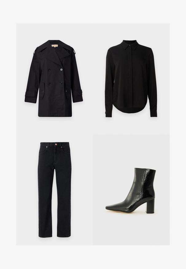Juodas dvigubas paltas su plačiu apykakle, mygtukais ir šoninėmis kišenėmis. Pagamintas iš lygaus audinio su tiesia kirpimo linija ir rankovėmis su atvartais.; Juoda ilgomis rankovėmis blusa su smailiu apykakle, paslėptu mygtukų užsegimu ir kreivu hemu ant vientiso balto fono.; Juodi džinsai su tiesiomis kojomis, penkių kišenių dizainas, variniai mygtuko detalės ir minimaliai matomi siūlai.; Juodos kulkšninių botai, pagaminti iš blizgaus odos, su smailiu nosiu ir storo kvadratinio kulno. Išsiskiria lygiu paviršiumi ir minimalizmo stiliumi.