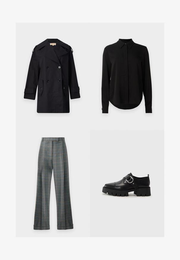 Zwarte dubbelzijdige trenchcoat met een brede kraag, knopen en zijzakken. Gemaakt van een gladde stof met een rechte snit en opgerolde mouwen.; Zwarte blouse met lange mouwen, spitse kraag, verborgen knoopsluiting en afgeronde zoom tegen een eenvoudige witte achtergrond.; Geruite broek met een blauw, grijs en oranje kleurenpalet, wijde pijpen en persvouwen; gemaakt van een textuurstof.; Zwarte leren schoenen met een robuuste, geribbelde zool, voorzien van een ronde zilveren hardwareaccent en minimale stikdetails.