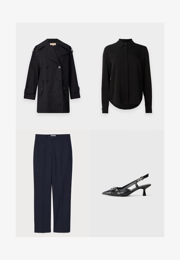 Cappotto trench nero doppiopetto con ampio colletto, bottoni e tasche laterali. Realizzato in un tessuto liscio con taglio dritto e maniche a sbuffo.; Blusa nera a maniche lunghe con colletto a punta, patta dei bottoni nascosta e orlo curvo su uno sfondo bianco semplice.; Pantaloni tailored blu navy realizzati in un tessuto morbido, con frontale piatto, tasche laterali e una vita strutturata.; Scarpa slingback nera in pelle con punta affusolata, cinturini decorativi con occhielli metallici e tacco basso a blocco. Superficie testurizzata.
