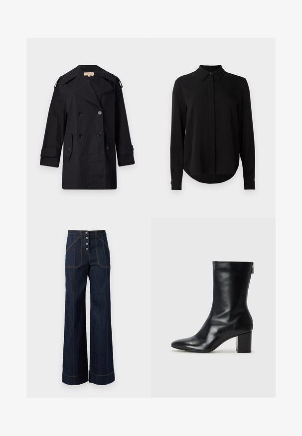 Czarny podwójnie zapinany płaszcz przeciwdeszczowy z szerokim kołnierzem, guzikami i bocznymi kieszeniami. Wykonany z gładkiego materiału, o prostym kroju i mankietach.; Czarna bluzka z długim rękawem i spiczastym kołnierzykiem, z ukrytą plaketą guzikową oraz zaokrąglonym dołem na jednolitym białym tle.; Czarne dżinsowe spodnie o szerokiej nogawce z wysokim stanem, pięcioma guzikami z przodu i kontrastowym złotym przeszyciem. Posiadają duże przednie kieszenie.; Czarne skórzane botki za kostkę z wydłużonym noskiem i 4-centymetrowym słupkowym obcasem. Smukły design z bocznym zamkiem ułatwiającym zakładanie. Gładka tekstura.