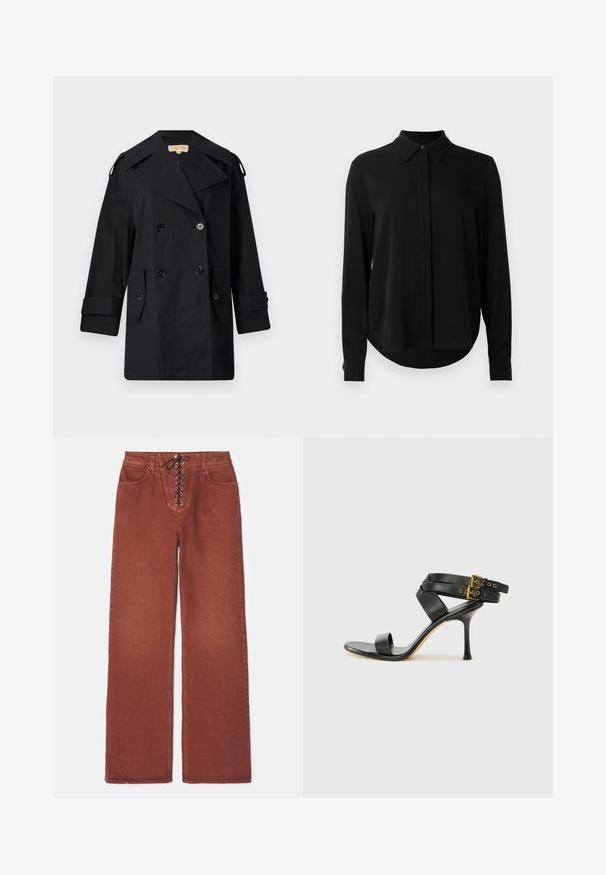 Μαύρο παλτό trench διπλής όψης με φαρδιά κολάρο, κουμπιά και πλαϊνές τσέπες. Κατασκευασμένο από λεία ύφασμα με ίσια γραμμή και μανίκια με φάσες.; Μαύρη μπλούζα με μακριά μανίκια, αιχμηρό γιακά, κρυφό κουμπωτό πέτο και καμπυλωτό στρίφωμα σε λευκό φόντο.; Παντελόνι σε χρώμα σκουριάς με φαρδύ πόδι και κορδόνι στο εμπρός μέρος, κατασκευασμένο από τζιν. Διαθέτει δύο εμπρόσθιες τσέπες και λεία υφή.; Μαύρο τακούνι σανδάλι με διασταυρούμενες τιράντες και ρυθμιζόμενο κούμπωμα. Διαθέτει λεία υφή και κοφτό τακούνι.