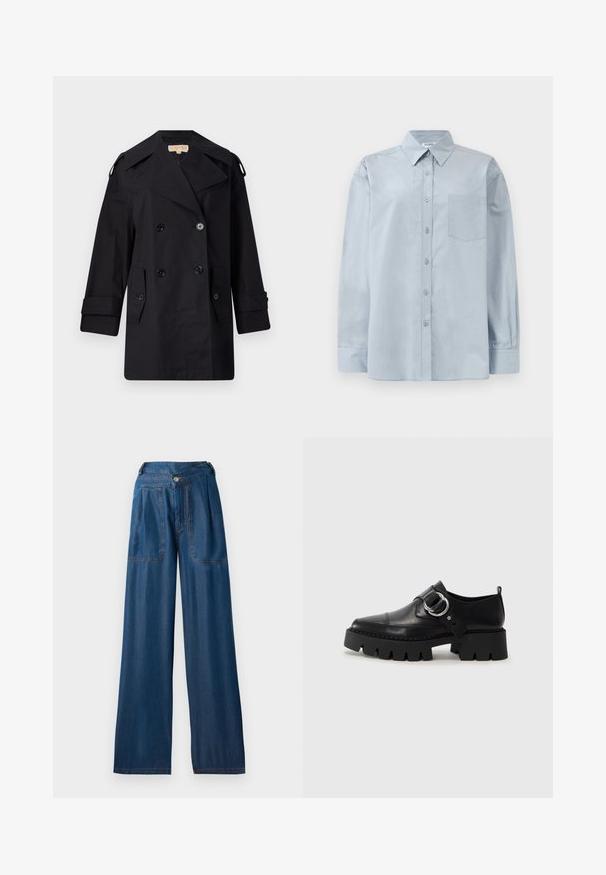 Schwarzer doppelter Trenchcoat mit breitem Kragen, Knöpfen und Seitentaschen. Hergestellt aus einem glatten Stoff mit geradem Schnitt und umgeschlagenen Ärmeln.; Hellblaues Langarmhemd mit Knopfverschluss, spitzem Kragen und Brusttasche, flach auf einem weißen Hintergrund ausgelegt.; Dunkelblaue weit geschnittene Jeans aus Denim, mit zwei vorderen Taschen, einem Knopfverschluss und kontrastierenden orangen Nähten.; Schwarze Leder Schuhe mit einer dicken, gerippten Sohle, die mit einer runden silbernen Hardware-Akzent und minimalen Stickdetails ausgestattet sind.