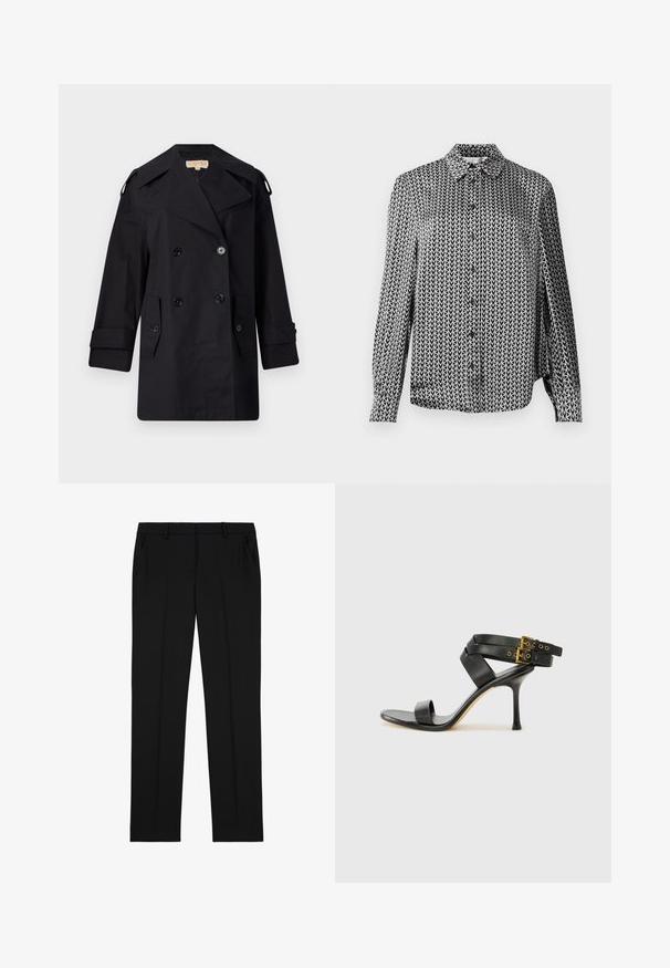 Črn dvojnikičasti plašč s širokim ovratnikom, gumbi in stranskimi žepi. Narejen iz gladkega materiala, z ravnim krojem in manšetami.; Srajca z gumbki v črni in beli barvi z ponavljajočim se vzorcem puščic, dolgi rokavi in ovratnikom. Narejena iz lahkega materiala.; Črne krojene hlače z gladko teksturo, z ravnim sprednjim delom, dvema stranskima žepoma in klasičnim ravnim krojem.; Črne sandale na peto z križnimi trakovi in prilagodljivo zaponko. Imajo gladko teksturo in zožen peto.