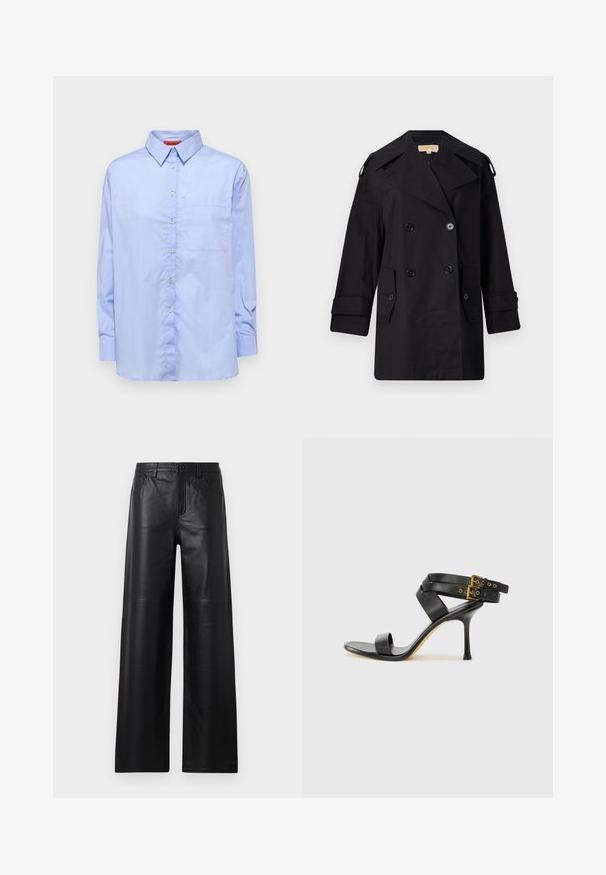 Must musta kahekordne trench coat laia kraega, nuppude ja küljetaskutega. Valmistatud siledast kangast, sirge lõike ja mansettidega varrukatega.; Helesinises pikkade varrukatega särk, millel on nööpidega krae, eesmine tasku ja sile kangas. Kümned nööbid esiääl.; Laiad mustad nahkpüksid siledast tekstuurist, esi-taskute, nööbiga sulgemise ja peente õmblusdetailidega.; Mustad mustand koos ristatud rihmade ja reguleeritava pandlaga. Omab siledat tekstuuri ja kitsenevat stiletto kontsa.