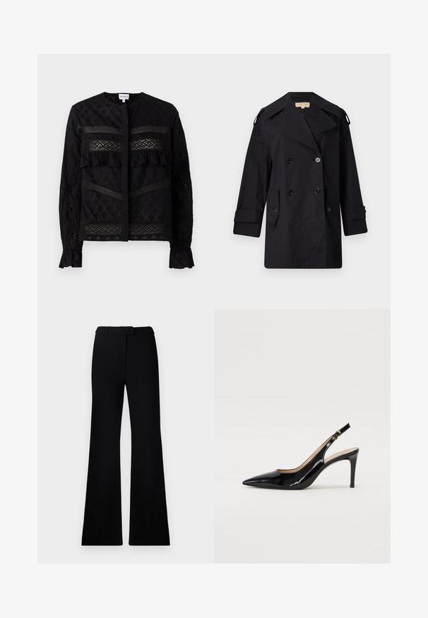 Zwarte dubbelzijdige trenchcoat met een brede kraag, knopen en zijzakken. Gemaakt van een gladde stof met een rechte snit en opgerolde mouwen.; Zwarte blouse met een ronde kraag, voorzien van doorschijnende kantpanelen, ruches en textuurpatronen. Lange mouwen met elastische manchetten.; Zwarte uitlopende broek met een soepele textuur, een op maat gemaakte tailleband en voorzakken, ontworpen met een elegante, moderne silhoeët.; Zwarte gepatineerde leren slingback pump met een puntige neus, slanke hak en een subtiel uitgesneden ontwerp. Bevat een gouden gesp op de band.