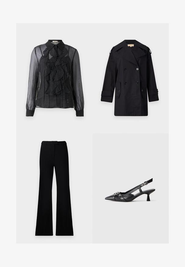 Black double-breasted trench coat with a wide collar, buttons, and side pockets. Made from a smooth fabric with a straight cut and cuffed sleeves.; Black sheer blouse with vertical white stripes, ruffled front detail, long sleeves, and a standard collar. Soft texture with button closures.; Black flared pants featuring a smooth texture, tailored waistband, and front pockets, designed with a sleek, modern silhouette.; Black leather slingback shoe with a pointed toe, decorative straps featuring metal eyelets, and a low block heel. Textured surface.