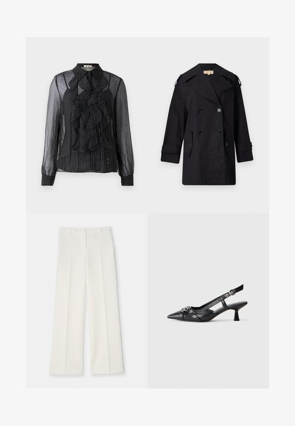 Zwarte dubbelzijdige trenchcoat met een brede kraag, knopen en zijzakken. Gemaakt van een gladde stof met een rechte snit en opgerolde mouwen.; Zwarte transparante blouse met verticale witte strepen, gerimpeld detail aan de voorkant, lange mouwen en een standaard kraag. Zachte textuur met knoopsluitingen.; Wijd geplooide broek van licht crèmekleurige stof, met een gladde textuur, voorkeursplooien en twee zijkanten. Op maat gemaakte tailleband.; Zwarte leren slingback schoen met een puntige neus, decoratieve banden met metalen oogjes en een lage blokhak. Textuur oppervlak.
