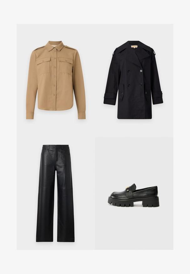 Black double-breasted trench coat with a wide collar, buttons, and side pockets. Made from a smooth fabric with a straight cut and cuffed sleeves.; Long-sleeved shirt in tan fabric with a button-down front, two chest pockets, shoulder epaulettes, and a curved hem.; Wide-leg black leather pants with a smooth texture, featuring front pockets, a button closure, and subtle stitching details.; Black leather loafers with a chunky sole, featuring a gold-tone accent on the front and a smooth finish. Chunky tread design on the sole.