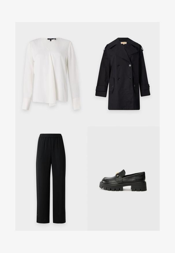 Črn dvojnikičasti plašč s širokim ovratnikom, gumbi in stranskimi žepi. Narejen iz gladkega materiala, z ravnim krojem in manšetami.; Bela bluzica z dolgimi rokavi z obliko V, ki ima drapiran sprednji del, gladko teksturo in strukturirane manšete. Preprost in vsestranski slog.; Črne široke hlače iz gladkega materiala z elastiko v pasu. Imajo ravno kroj in minimalne detajle. Primerne so za sproščeno nošenje.; Črne usnjene loaferje z debelim podplatom, ki imajo zlatoten naglas na sprednji strani in gladko površino. Debela oblika profila na podplatu.