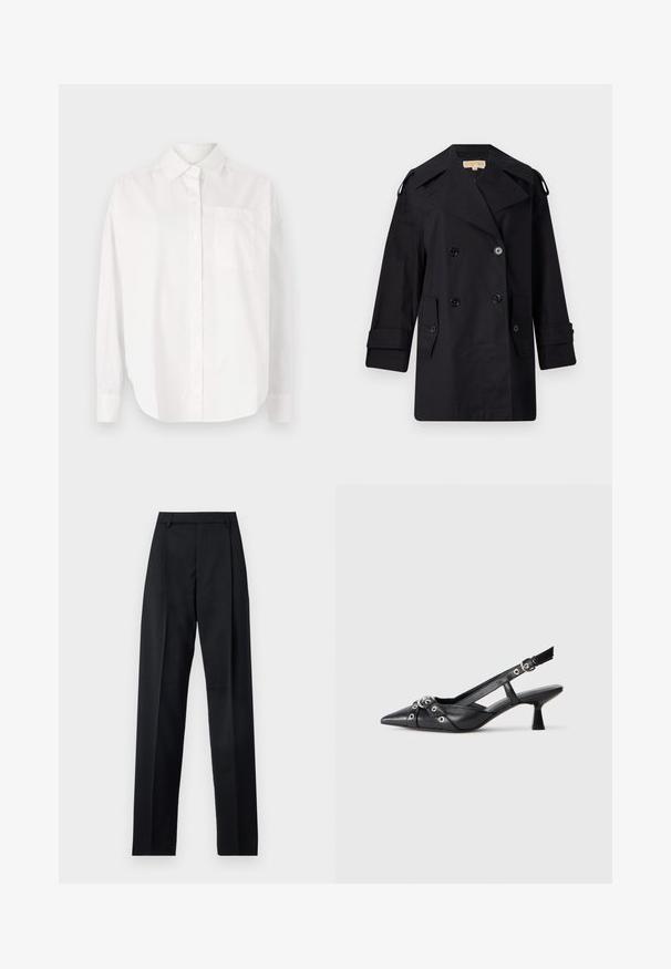 Black double-breasted trench coat with a wide collar, buttons, and side pockets. Made from a smooth fabric with a straight cut and cuffed sleeves.; White long-sleeve shirt made of cotton. Features a button-down collar, front pocket, and a straight cut with button closure.; Black trousers made from smooth fabric featuring a high waist, wide legs, front pleats, and classic belt loops. No side pockets visible.; Black leather slingback shoe with a pointed toe, decorative straps featuring metal eyelets, and a low block heel. Textured surface.