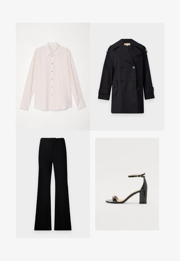 Fekete dupla gombos trench kabát széles gallérral, gombokkal és oldalsó zsebekkel. Simább anyagból készült, egyenes szabású és felhajtott ujjú.; Hosszú ujjú bézs blúz, hegyes gallérral, elöl gombos záródással és puha, sima anyaggal. Gombos mandzsettái és laza szabása van.; Fekete, harangszárú nadrág sima textúrával, precíziós derékrésszel és elülső zsebekkel, amely egy sima, modern sziluettet tervez.; Fekete lakkbőr szandál széles sarokkal, nyitott orral és bokapánttal, amelyen arany csat található. Sima felület és elegáns dizájn.