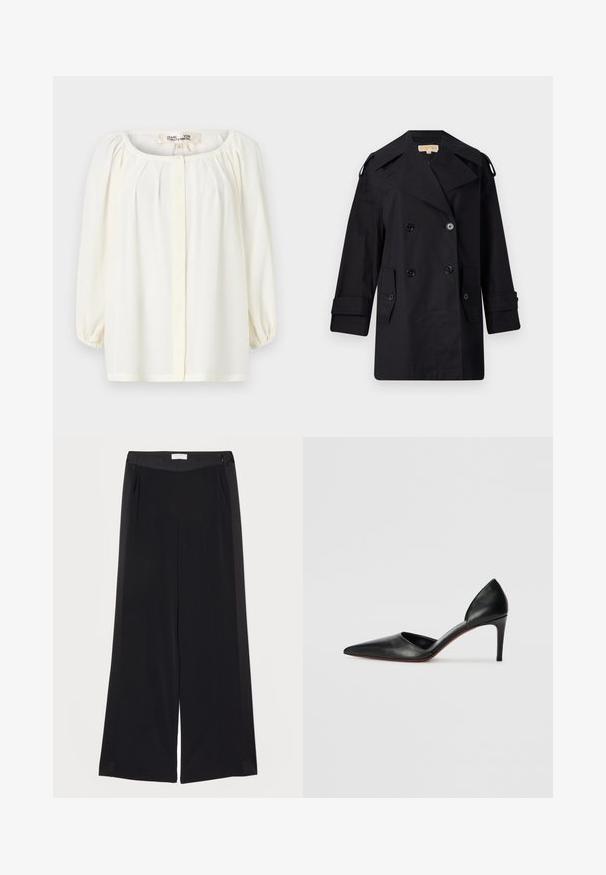 Melnā divrindas trencote ar platu apkakli, pogām un sānu kabatām. Izgatavots no gludas auduma ar taisnu piegriezumu un aproču piedurknēm.; Balta blūze ar apaļu izgriezumu, krokotu priekšpusi un trīs ceturtdaļu puff piedurknēm. Izgatavota no viegla auduma ar mīkstu tekstūru.; Plati melni bikses, izgatavotas no gluda auduma, ar plakanu jostu, krokām un sānu kabatām. Tīras līnijas ar minimālu detalizāciju.; Melni ādas augstpapēžu apavi ar smailu purngalu, atvērtām malām un elegantu siluetu. Iespējams, ir plāna papēža un sarkana zole.