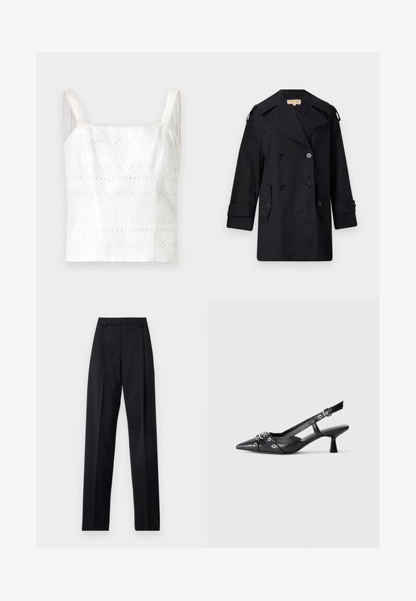 Manteau trench noir à double boutonnage avec un large col, des boutons et des poches latérales. Fabriqué en tissu lisse avec une coupe droite et des manches retroussées.; Camisole en coton blanc avec de fines bretelles, ornée de motifs brodés et de découpes. Texture lisse, design ajusté.; Pantalon noir en tissu lisse avec taille haute, jambes larges, plis à l'avant et passants de ceinture classiques. Pas de poches latérales visibles.; Chaussure slingback en cuir noir avec un bout pointu, des sangles décoratives avec œillets en métal et un petit talon carré. Surface texturée.